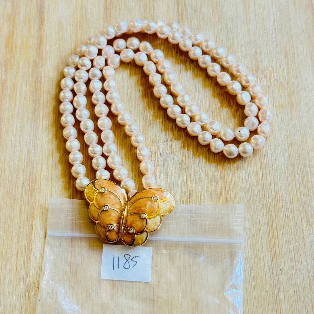 KJL Kenneth Jay Lane Avon Butterfly Necklace VTG Pearl double Strand Whimsical